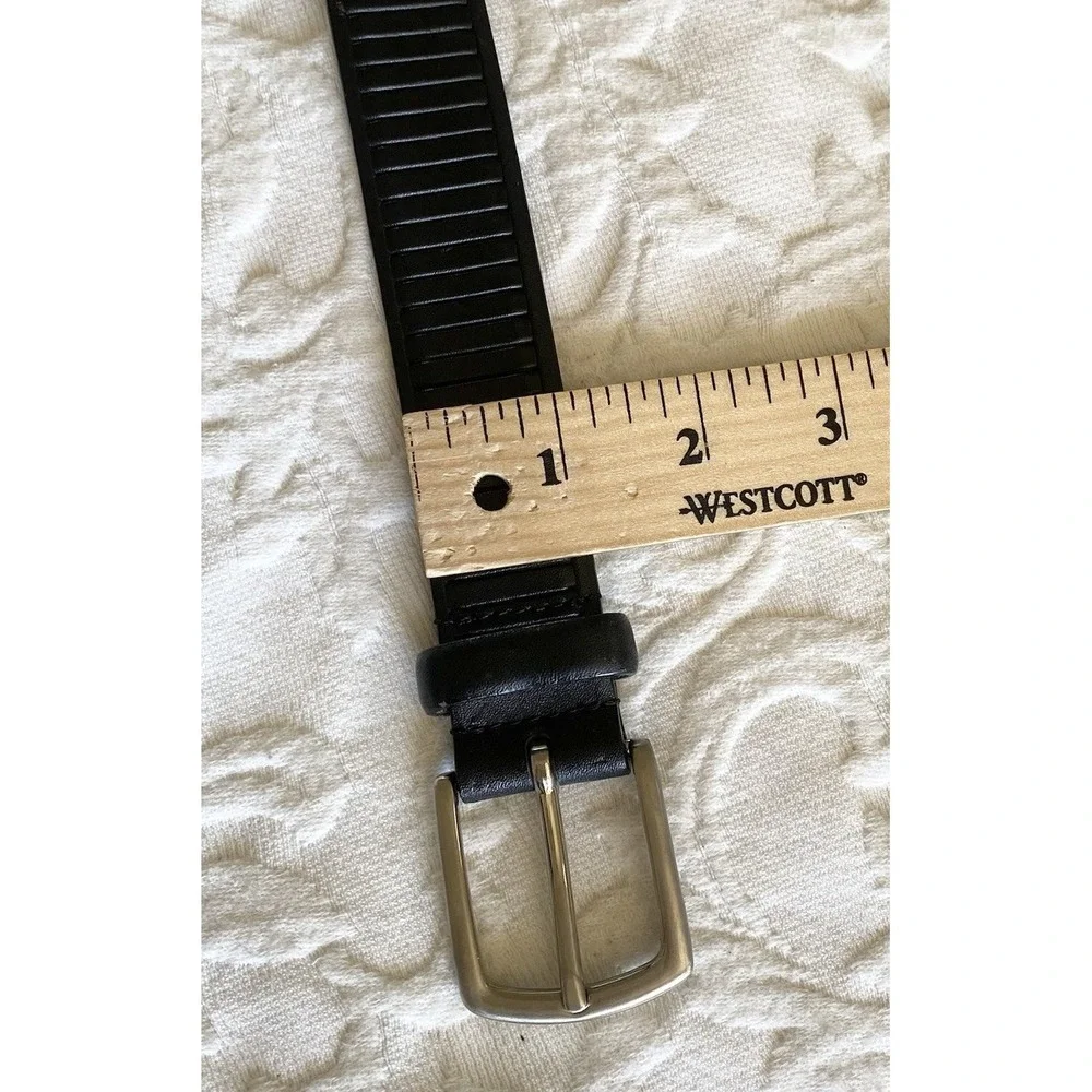 Italian Oil Tan Cowhide Leather Belt Black Textured Ribbed Silver Tone Buckle 38